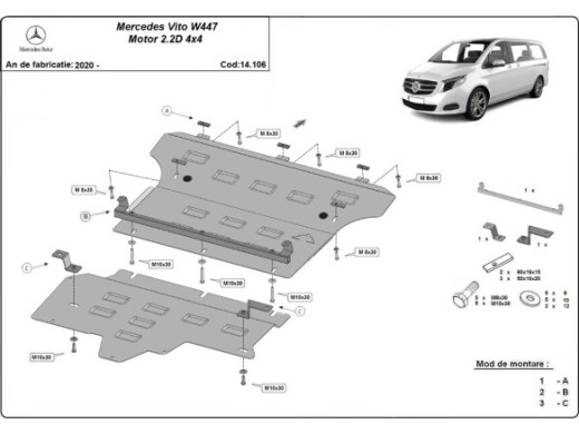 Stahl Unterfahrschutz für Motor Mercedes Vito W447, 2.2 D, 4x4 (2020-2026) EANMercedes Vito