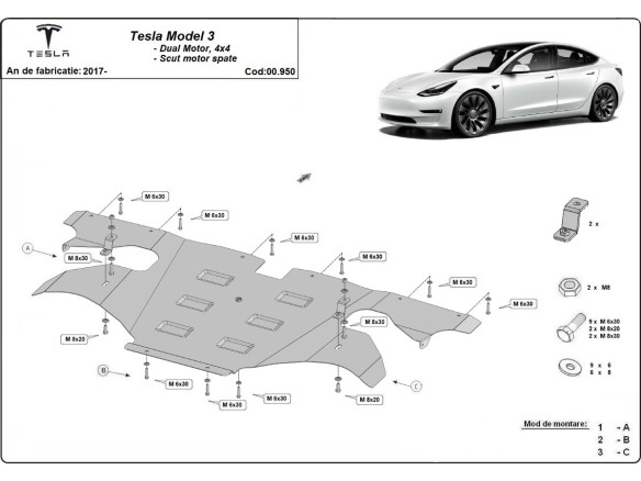 Stahl Unterfahrschutz für Heckmotor Elektromotor Tesla 3 AWD (2017-2026) EANTesla Model 3