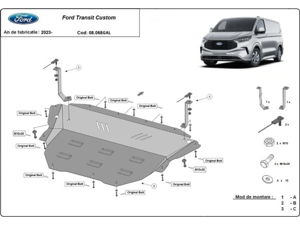 Unterfahrschutz aus verzinktem Stahl für Motor Ford Transit Custom (2023-2026) EANFord Transit Custom
