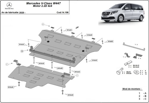 Stahl Unterfahrschutz für Motor Mercedes V-Class W447, 2.2 D, 4x4 (2020-2026)