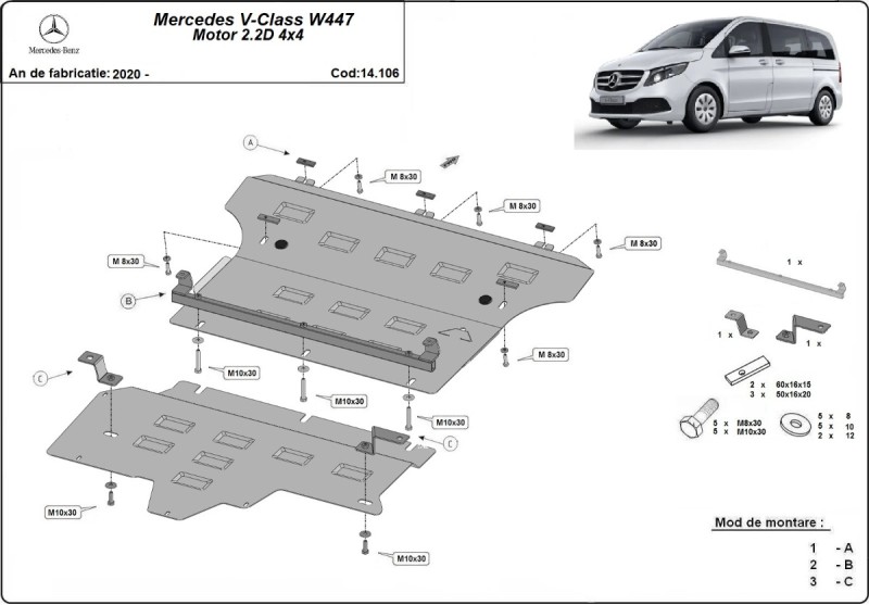 Stahl Unterfahrschutz für Motor Mercedes V-Class W447, 2.2 D, 4x4 (2020-2026)