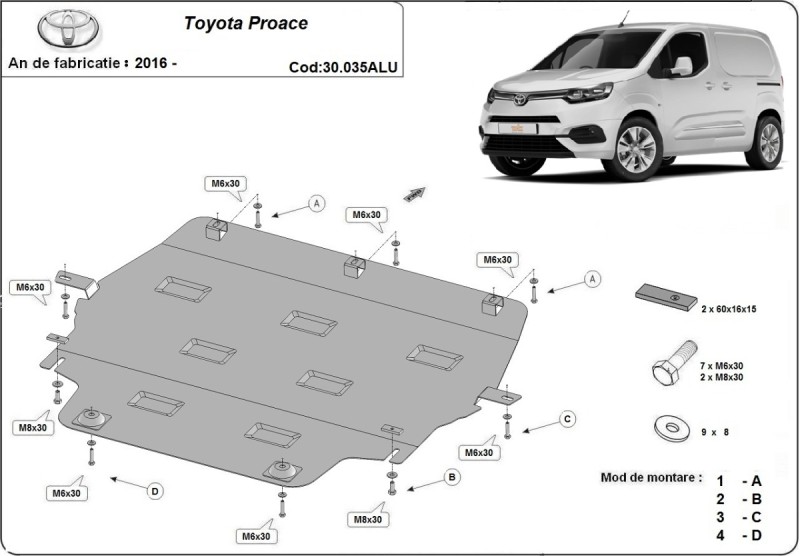Aluminium Unterfahrschutz für Motor Toyota Proace (2016-2026)